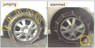 The left photo shows a jumping chain, and the right photo shows the loose chain slammed against the road.