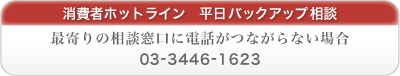 「消費者ホットライン　平日バックアップ相談」03-3446-1623　（最寄りの相談窓口に電話がつながらない場合）