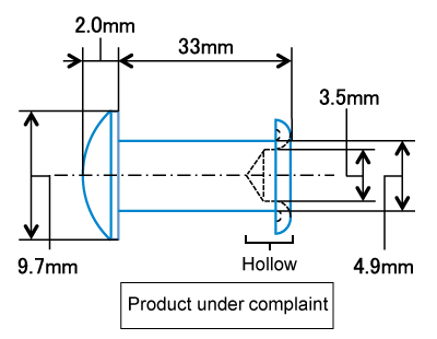 Drawing with dimensions of the rivet used for the product under complaint.