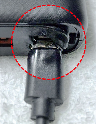 Photo of the connection where the charging terminal was melted