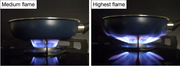 left: Frying pan heated on medium flame,right: Frying pan heated on the highest flame