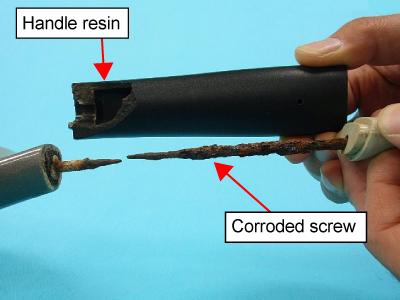 Screw corroded and broken inside the handle