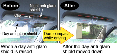 Left photo shows a day anti-glare shield when it is raised, and right photo shows a day anti-glare shield after it moved down.
