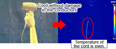 Photo of a hair dryer without damage in the cord held by a hand. Thermographic image on the right shows that temperature of the cord is even.