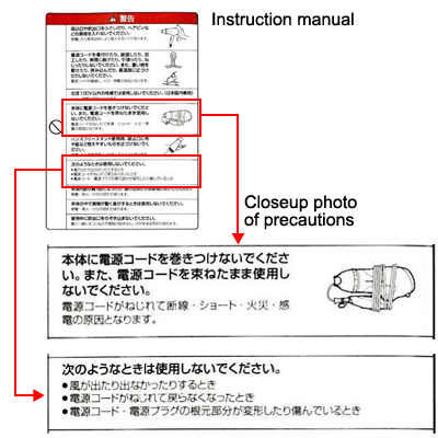 Photo of an instruction manual, and closeup photo of precautions indicating that the cord should not be looped around the main unit