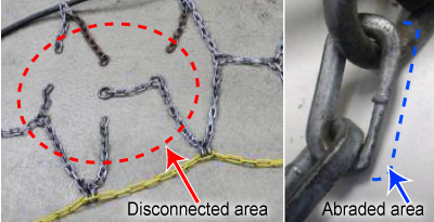 The left photo shows a closeup of the disconnected area of a tire chain, and the right photo shows a closeup of the abraded area of a tread chain.