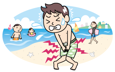  Illustration of a boy in swim trunks placing hands on his aching groin at beach