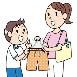Illustration of a boy and his mother checking swimwear lining