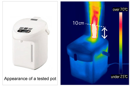 Photo showing pot appearance and temperature distribution of steam which is particularly hot within 10 cm height from the vent