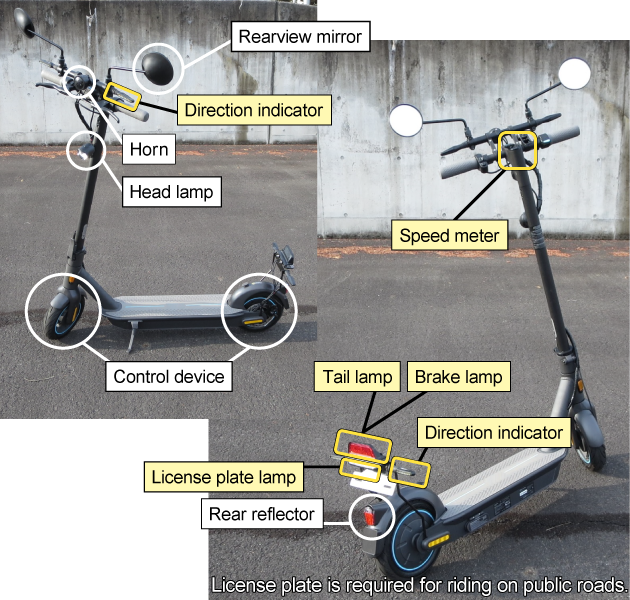 Photo of an e-scooter equipped with ten pieces of protective gear