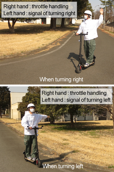 Upper Photo ; Photo of a rider giving a hand signal when turning right,Lower of a rider giving a hand signal when turning left