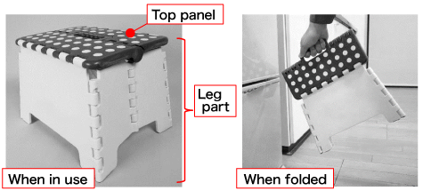 left:Folding step stool unfolded and ready to be used, right:Folding step stool folded and ready to be stored in a narrow space