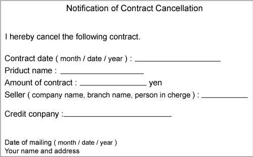 Example of a cooling-off notification to the credit company, followed by description in text