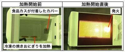 食品カスが電子レンジ庫内のカバーに付着した状態で、冷凍の焼きおにぎりを加熱したところ、庫内カバー部分から発火している写真